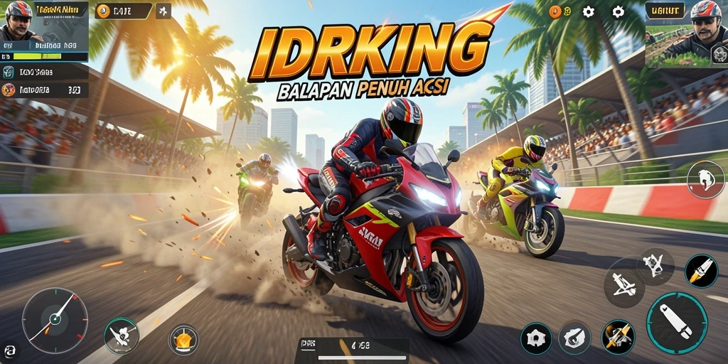 Tampilan gameplay balapan motor yang mendebarkan di IDRKING.