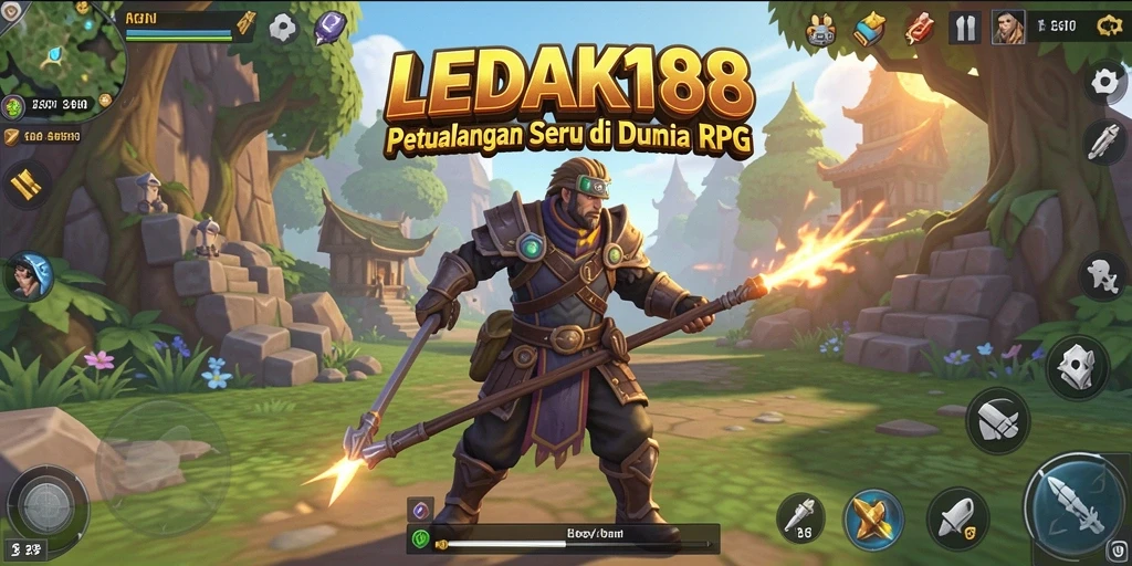 Tampilan gameplay LEDAK188 dengan pertarungan epik dan karakter heroik.