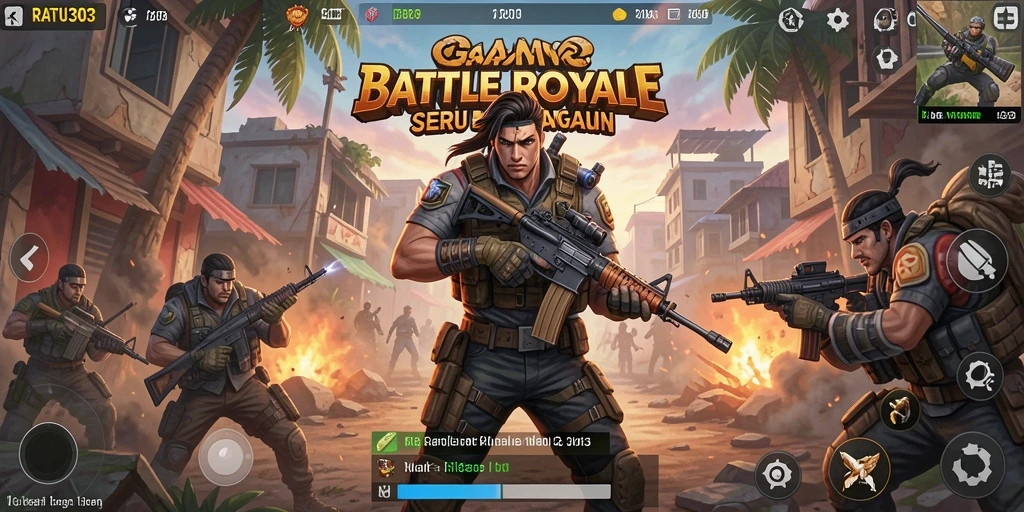 Screenshot gameplay RATU303 yang menunjukkan pertempuran Battle Royale yang intens.